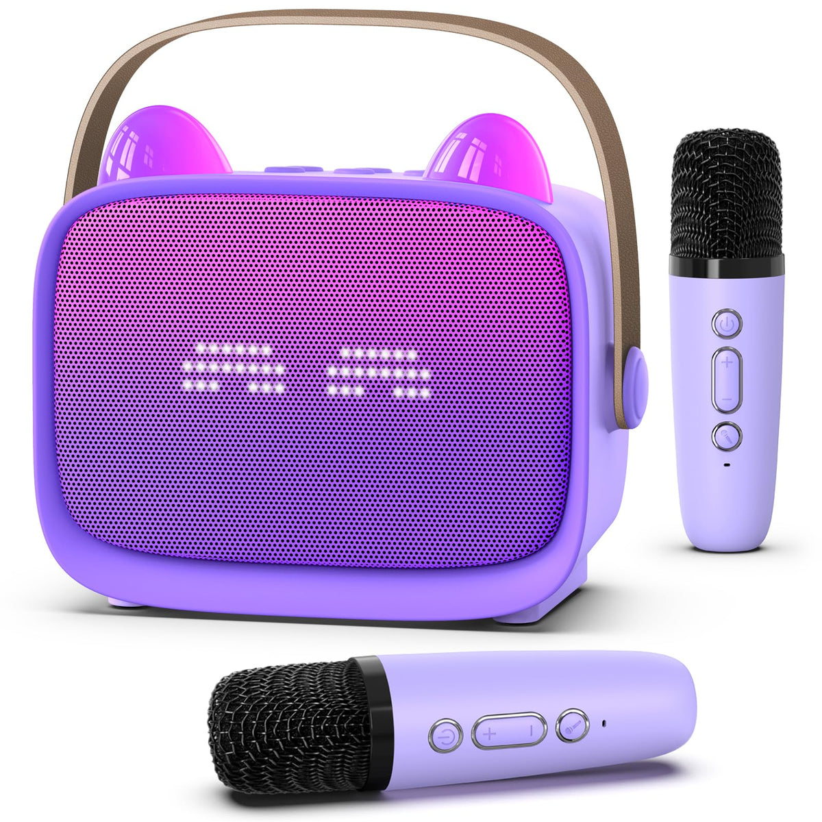 MgaoLo mini karaoke front view in purple with vibrant LED lights for fun home singing