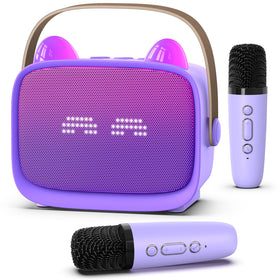 MgaoLo mini karaoke front view in purple with vibrant LED lights for fun home singing