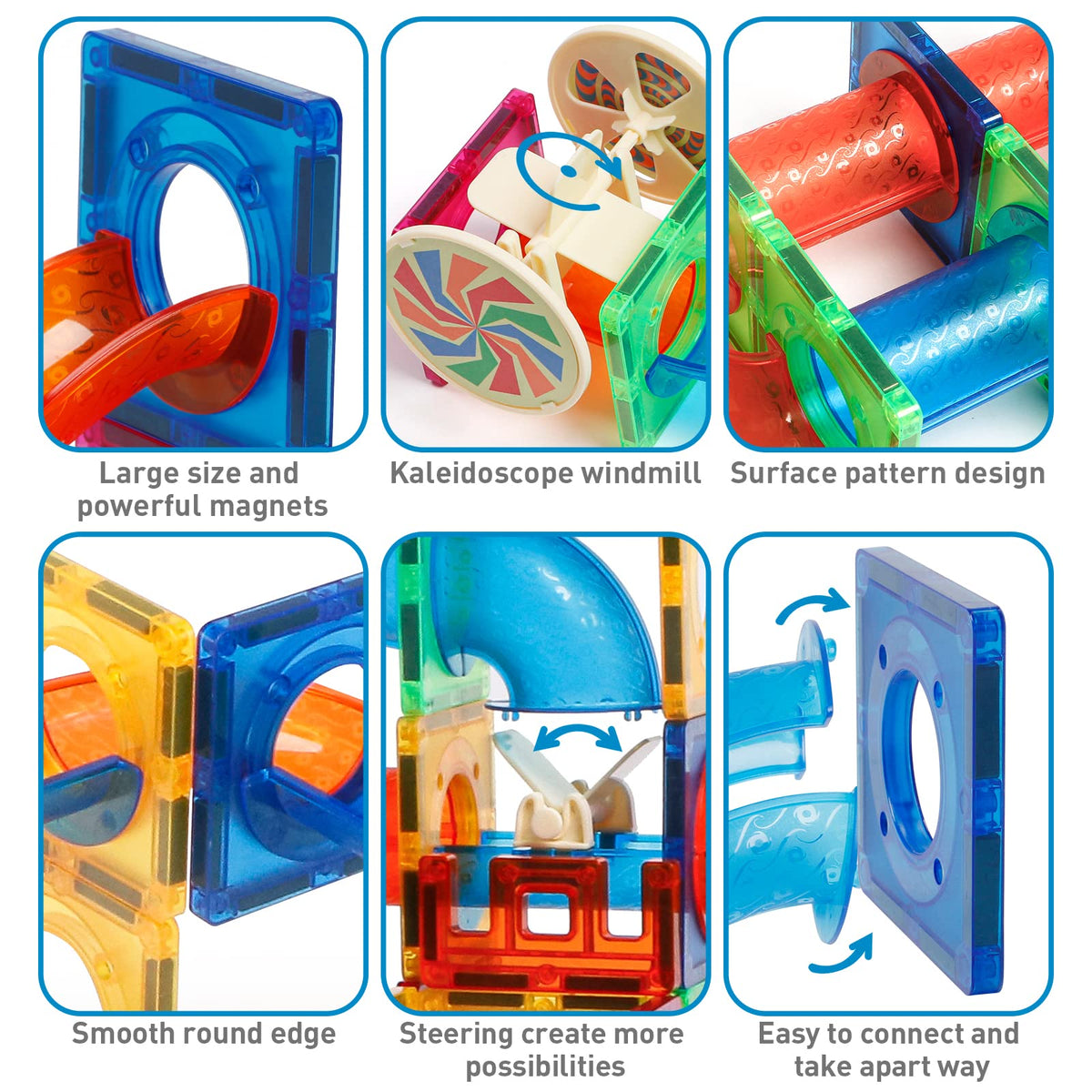 MAGBLOCK marble race track closeup, bright accents invite exciting, kid-friendly racing