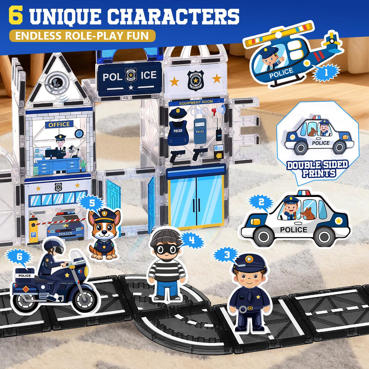 Magbubp police tiles feature six magnetic figures for interactive role-play.