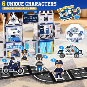 Magbubp police tiles feature six magnetic figures for interactive role-play.