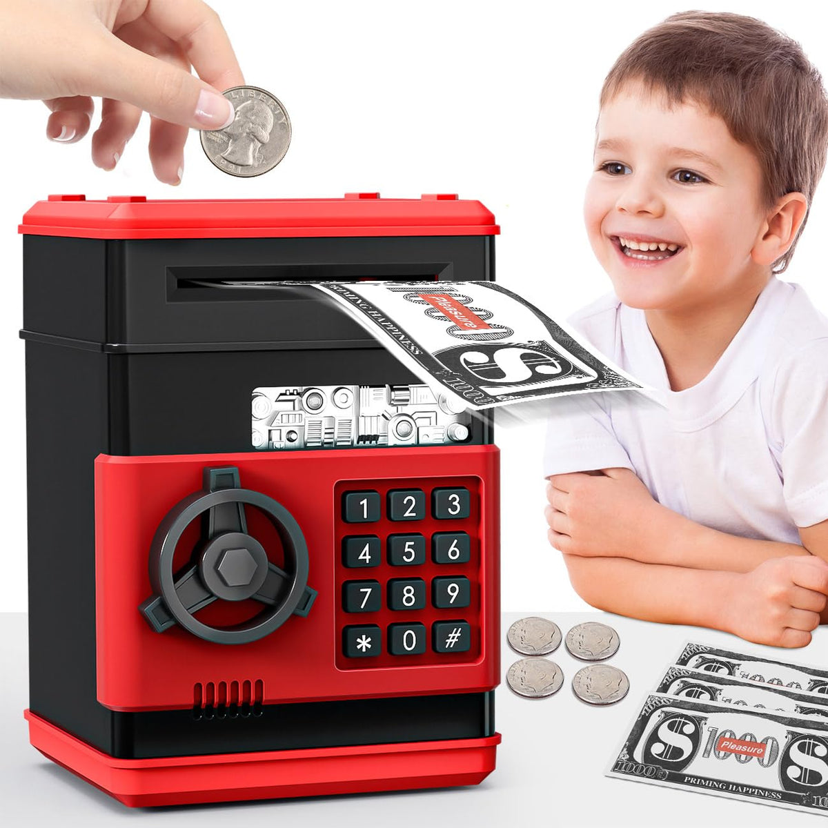MAGIBX mini piggy bank ATM front view with password keypad and green light.