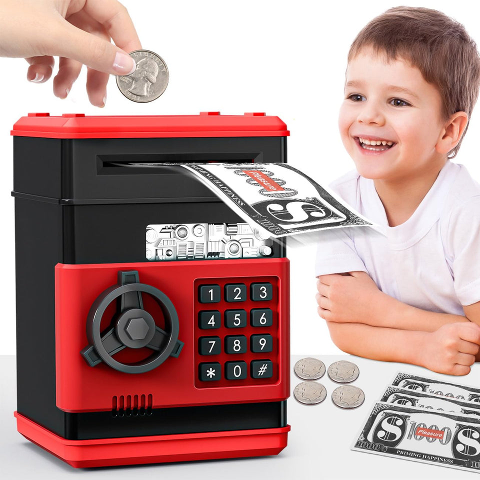 MAGIBX mini piggy bank ATM front view with password keypad and green light.