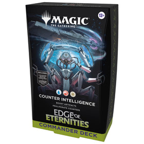 Magic: The Gathering Edge of Eternities deck front view with two foil borderless commanders.