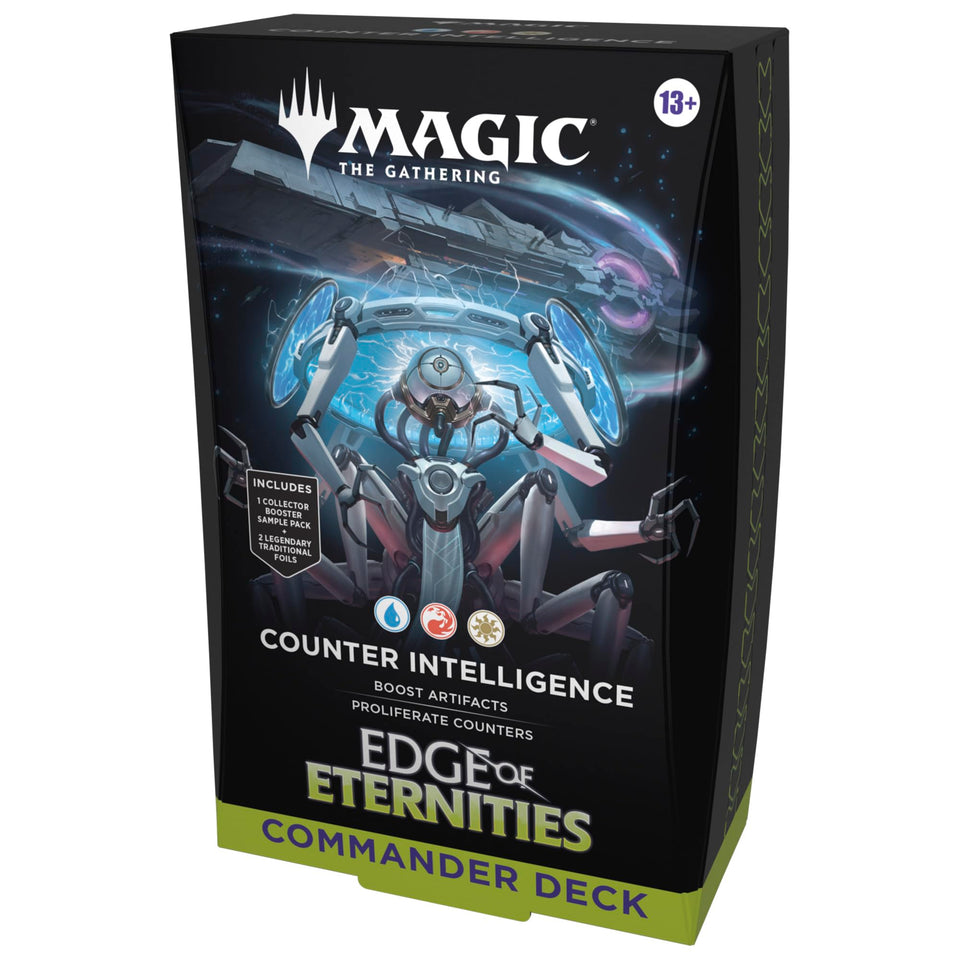 Magic: The Gathering Edge of Eternities deck front view with two foil borderless commanders.