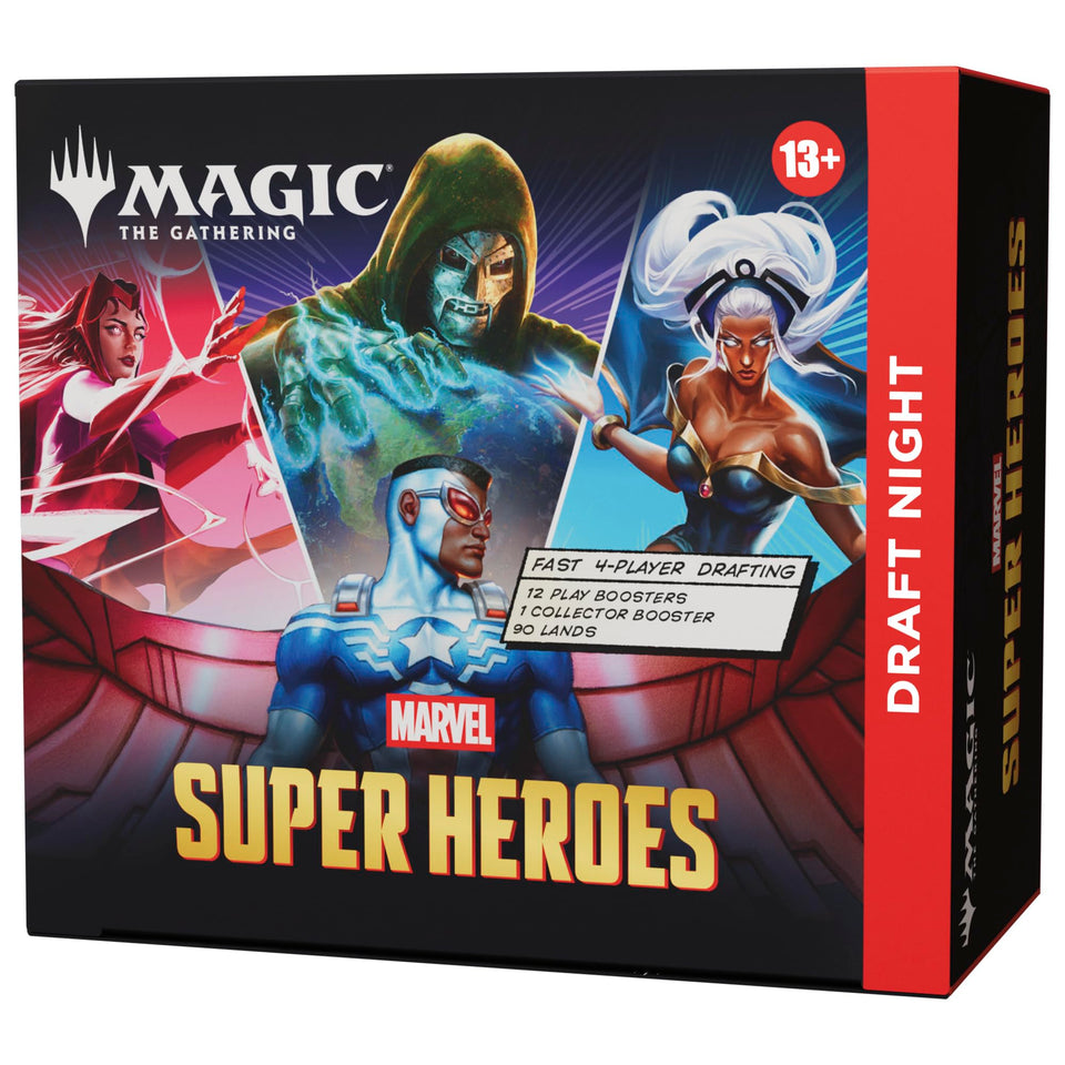 Magic: The Gathering Draft Night box for four players—social, fast-paced Marvel action.