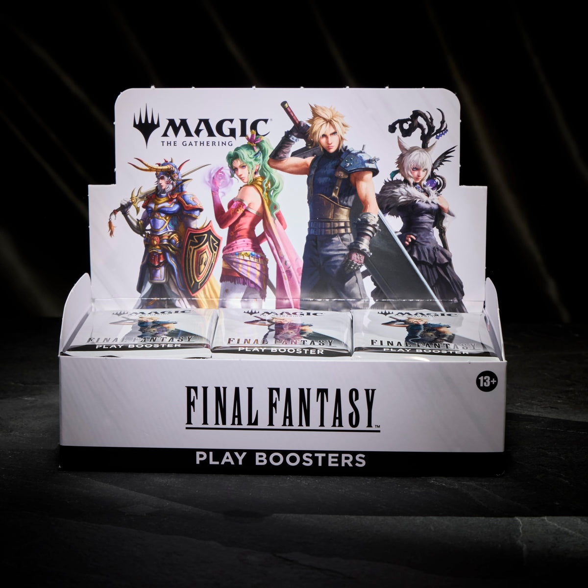 Magic: The Gathering FINAL FANTASY Play Booster box art highlights collectible visuals for deck ideas.
