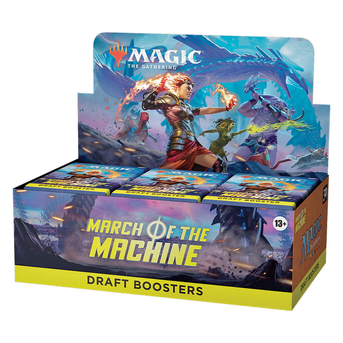 Magic The Gathering March of the Machine booster box front showcasing bold art for display