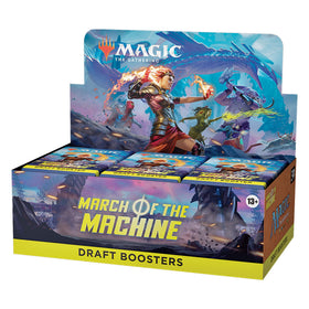 Magic The Gathering March of the Machine booster box front showcasing bold art for display