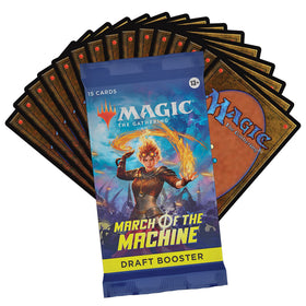 Magic The Gathering March of the Machine draft booster contents show 15 cards plus a token