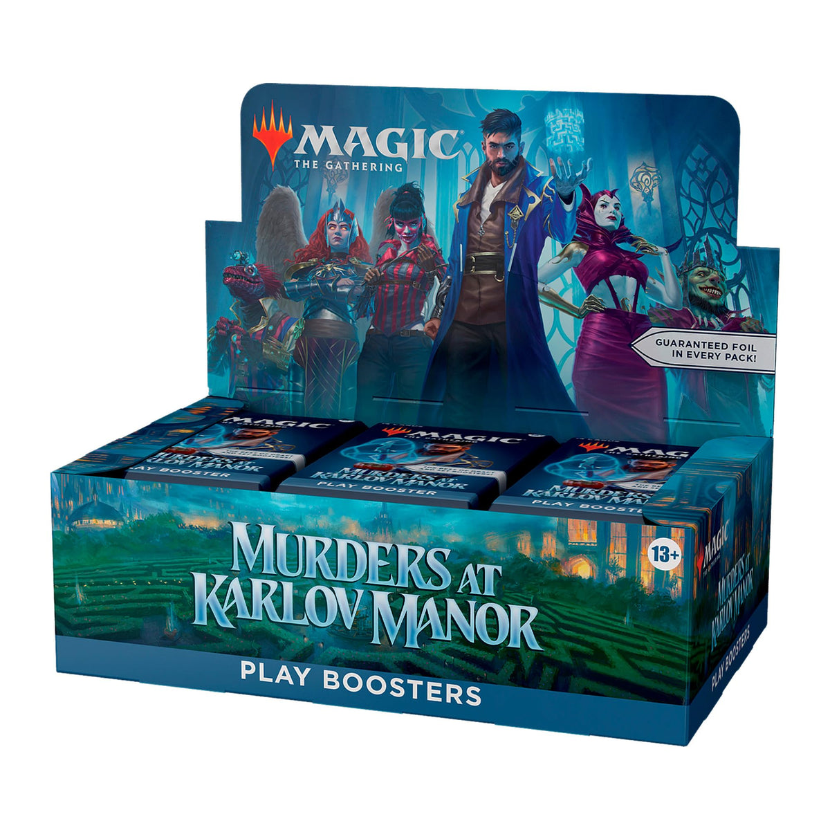 Magic: The Gathering Murders Karlov Manor box cover invites collectors to preview the mystery theme.