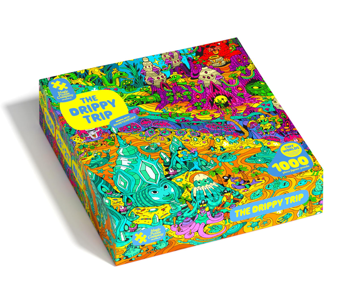 The Drippy Trip front cover by The Magic Puzzle Company invites family puzzle night.