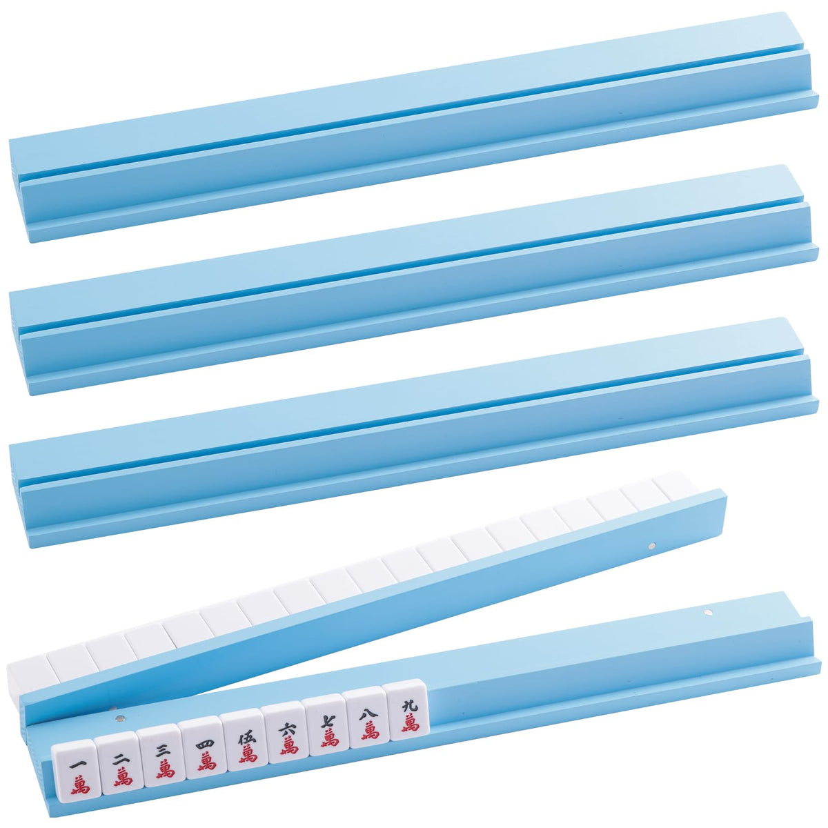 Magic Sewing Machine mahjong racks in blue with natural wood finish, durable and elegant for game night