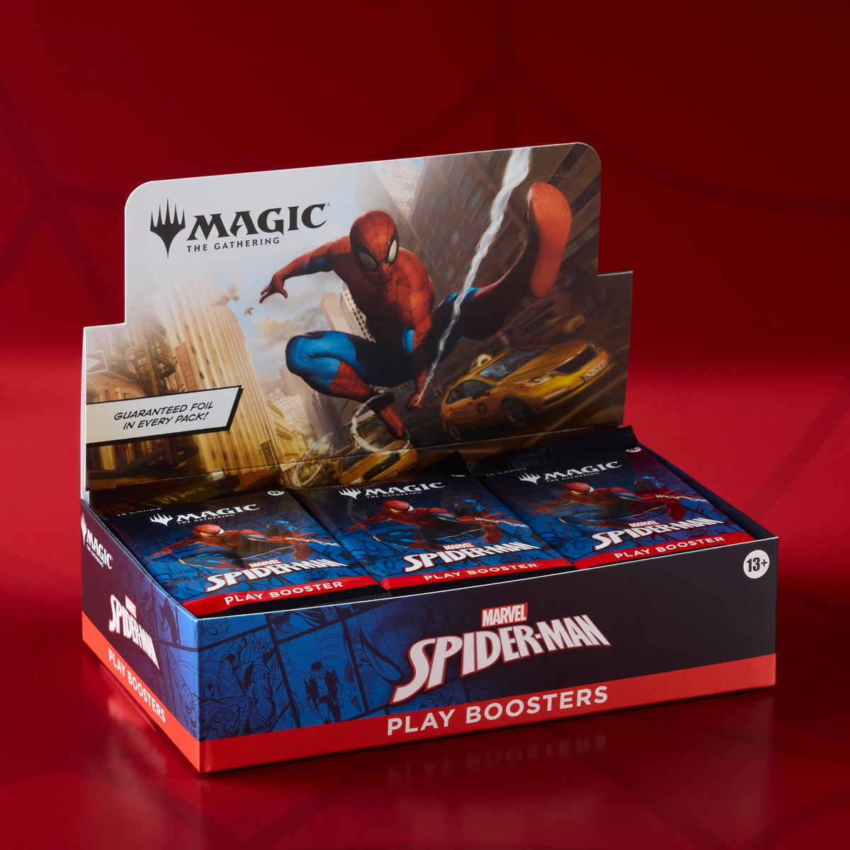 Magic The Gathering Spider-Man Play Booster contents showing 14 cards and a token