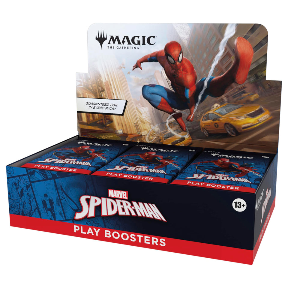 Magic The Gathering Spider-Man Play Booster Box cover with dynamic Spider-Verse art