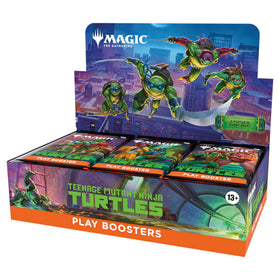 Magic: The Gathering TMNT booster box front, showcasing iconic turtles for collectors and players.