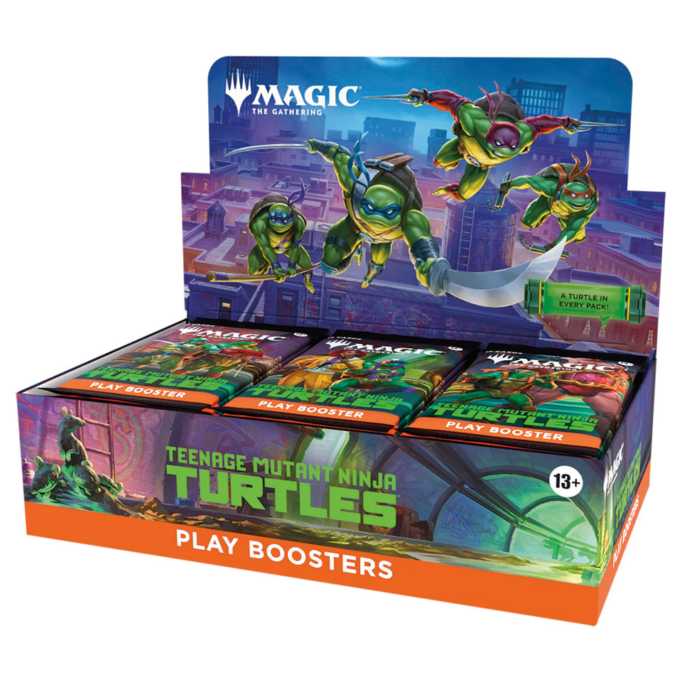 Magic: The Gathering TMNT booster box front, showcasing iconic turtles for collectors and players.