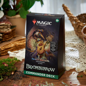 Magic: The Gathering Bloomburrow Family Matters deck spread showing varied cards for multiplayer play