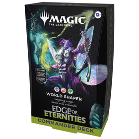 Magic: The Gathering World Shaper deck cover shows dramatic borderless commander art.