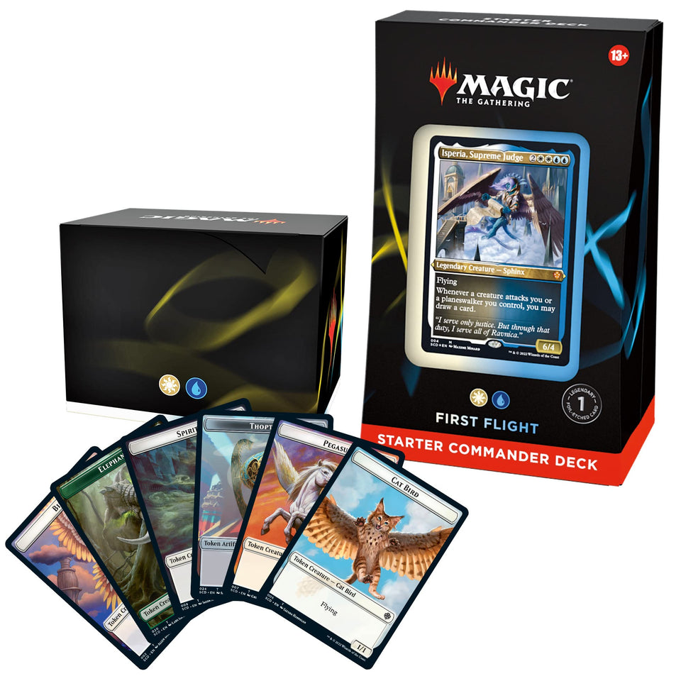 Magic: The Gathering First Flight deck front with vibrant white-blue visuals.