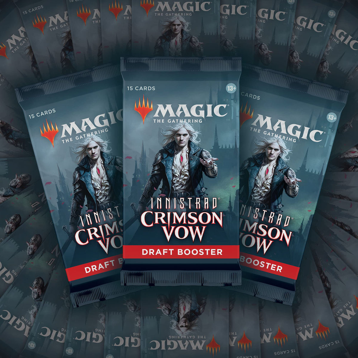 Crimson Vow draft booster contents including 15 cards and a land per booster