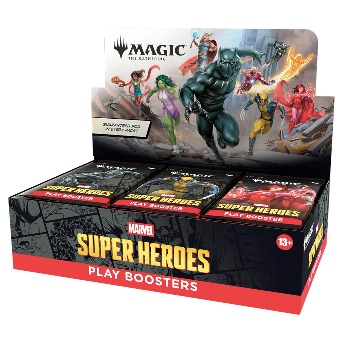 Magic: The Gathering Marvel Super Heroes booster box with 30 packs for fun, deck-building, and trading.