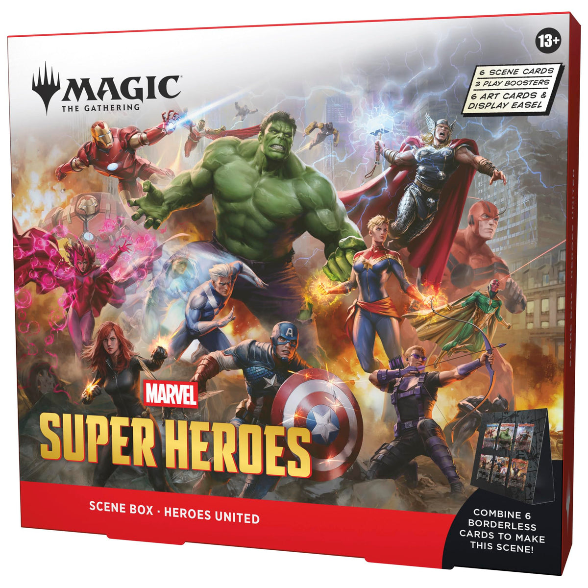 Magic: The Gathering Marvel Heroes Scene Box shown on the display easel, ideal for collectors.