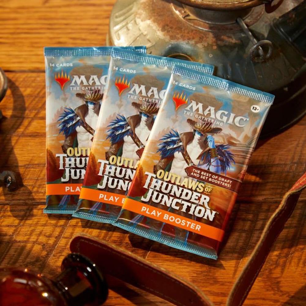 Magic: The Gathering Outlaws of Thunder Junction pack front highlights the set theme for promotions.