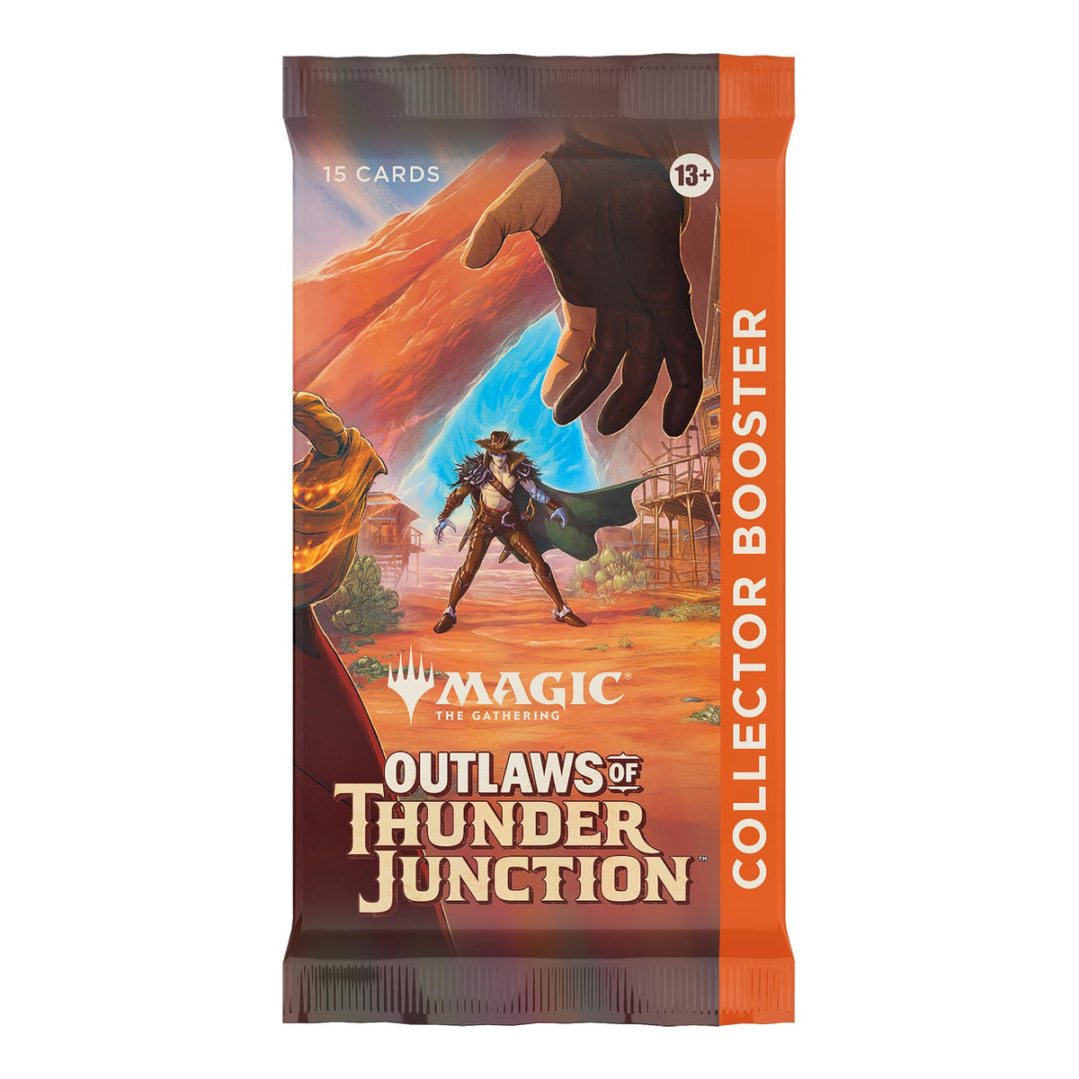 Magic: The Gathering Outlaws of Thunder Junction Collector Booster showing 15 cards and a foil token for collectors
