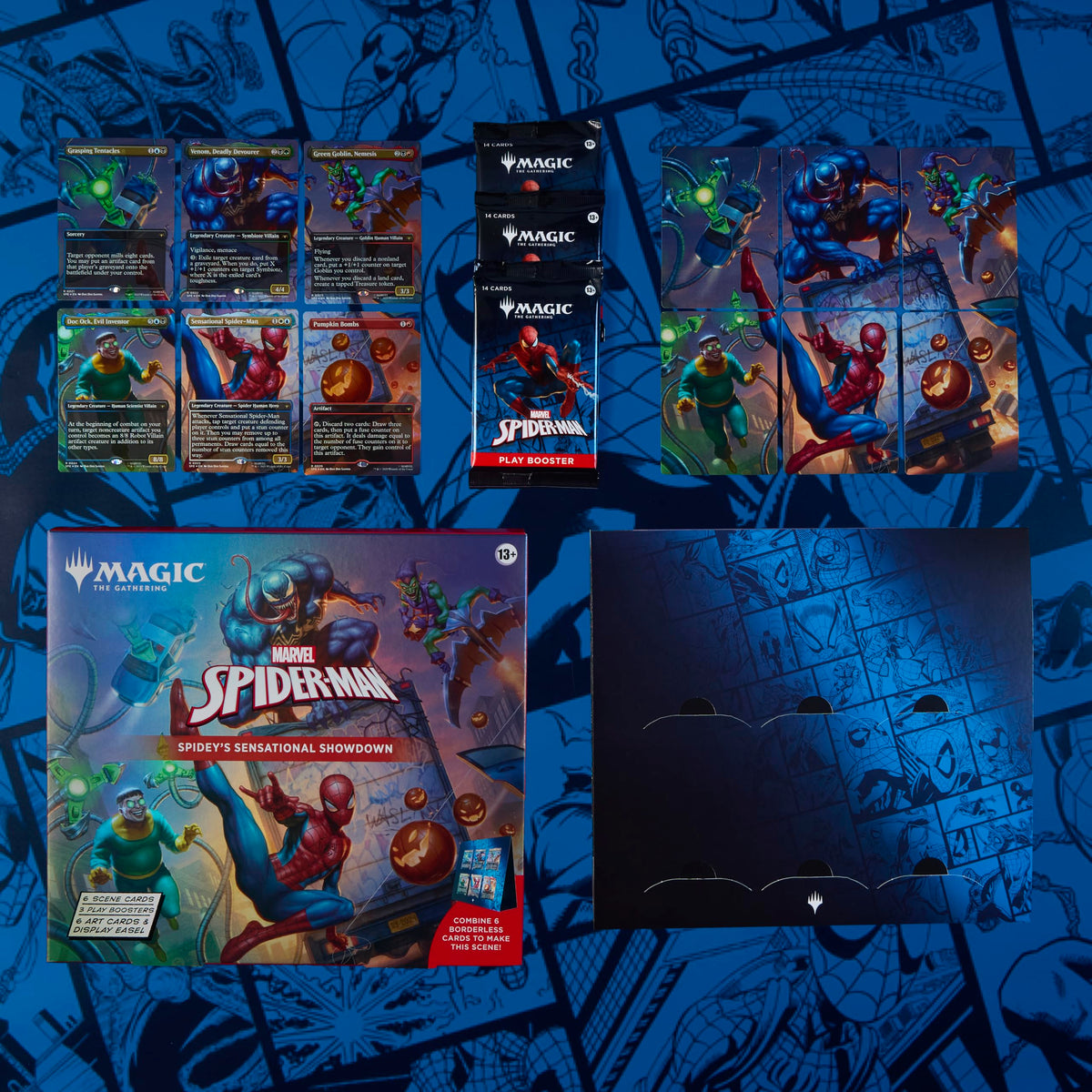 Magic: The Gathering Spider-Man display easel showcases the scene art beautifully.