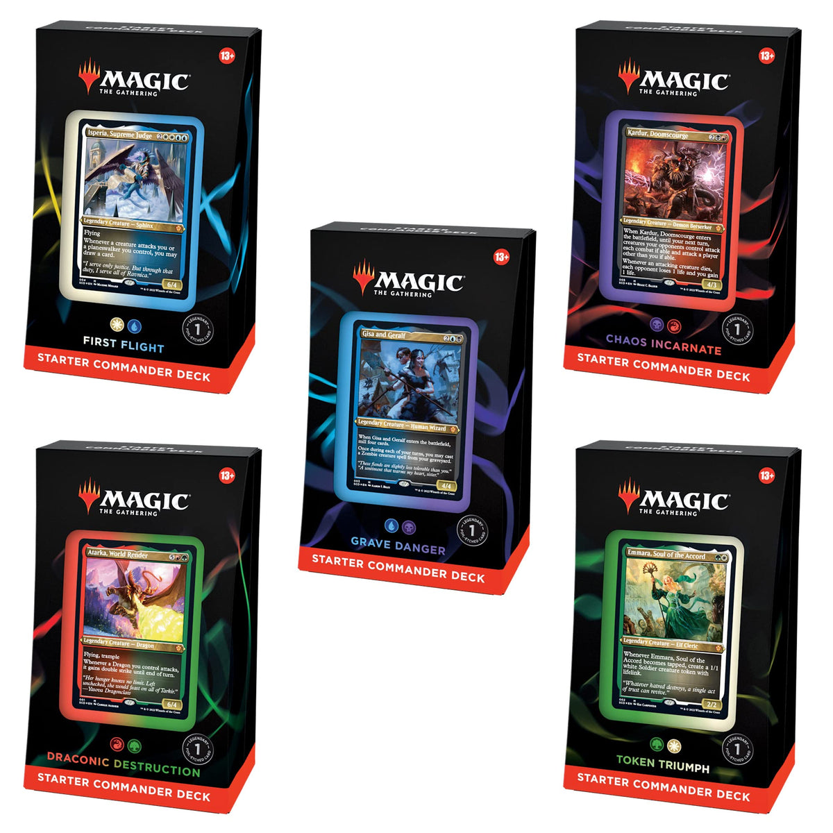 Magic: The Gathering Starter Commander Bundle shows all five decks for quick multiplayer play