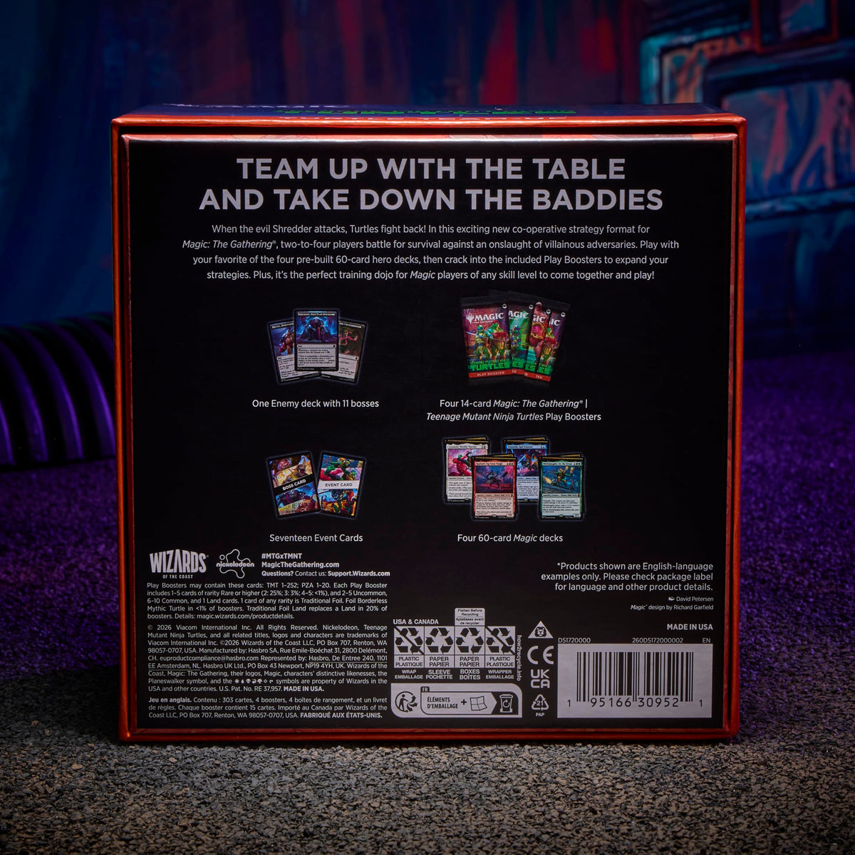 Magic: The Gathering Turtle Team-Up packaging showcases contents and setup ideas.