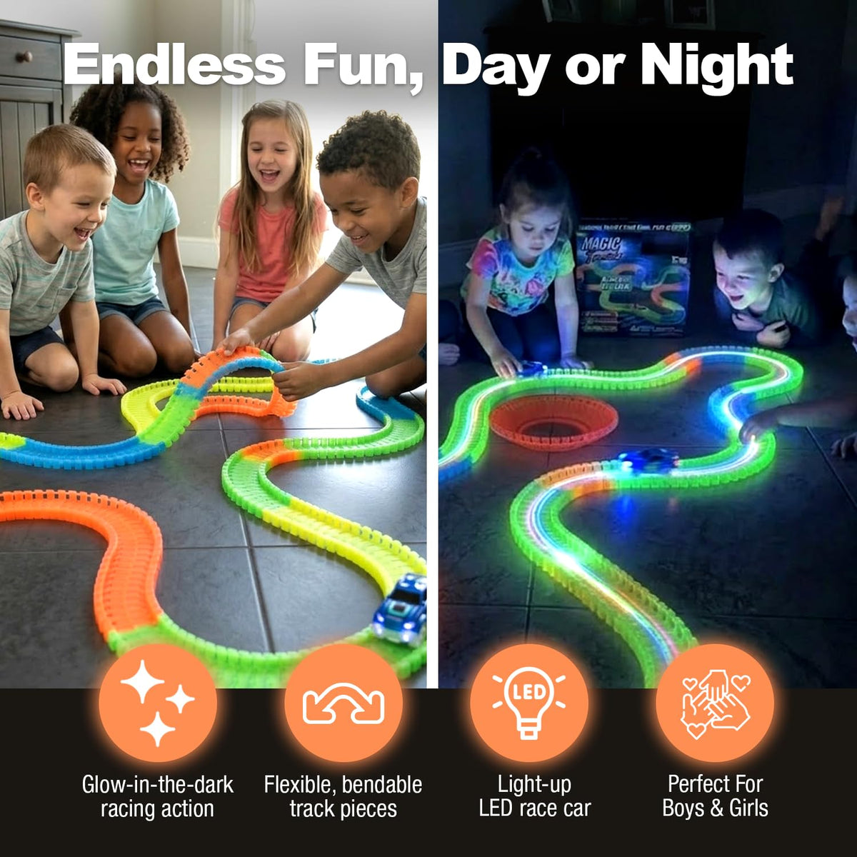 Magic Tracks light-up car with six LEDs for bright racing