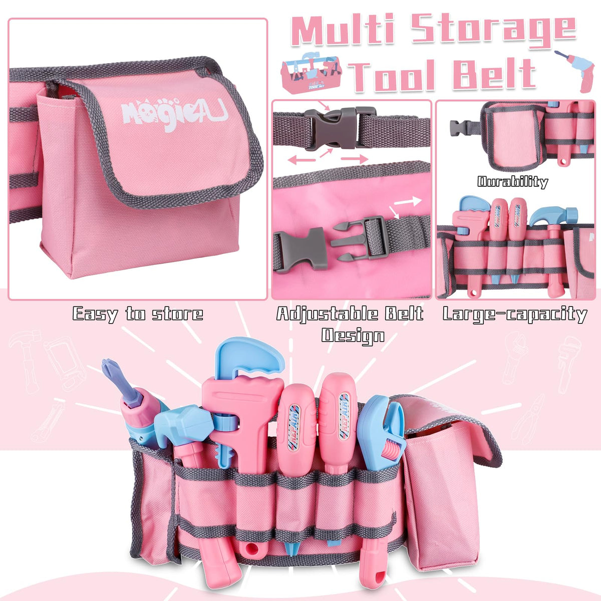 Magic4U kids tool set toolbox keeps accessories organized for easy cleanup.