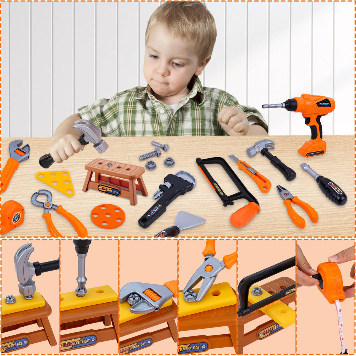 Magic4U toolkit includes wrenches, pliers, screwdrivers for varied pretend repairs.