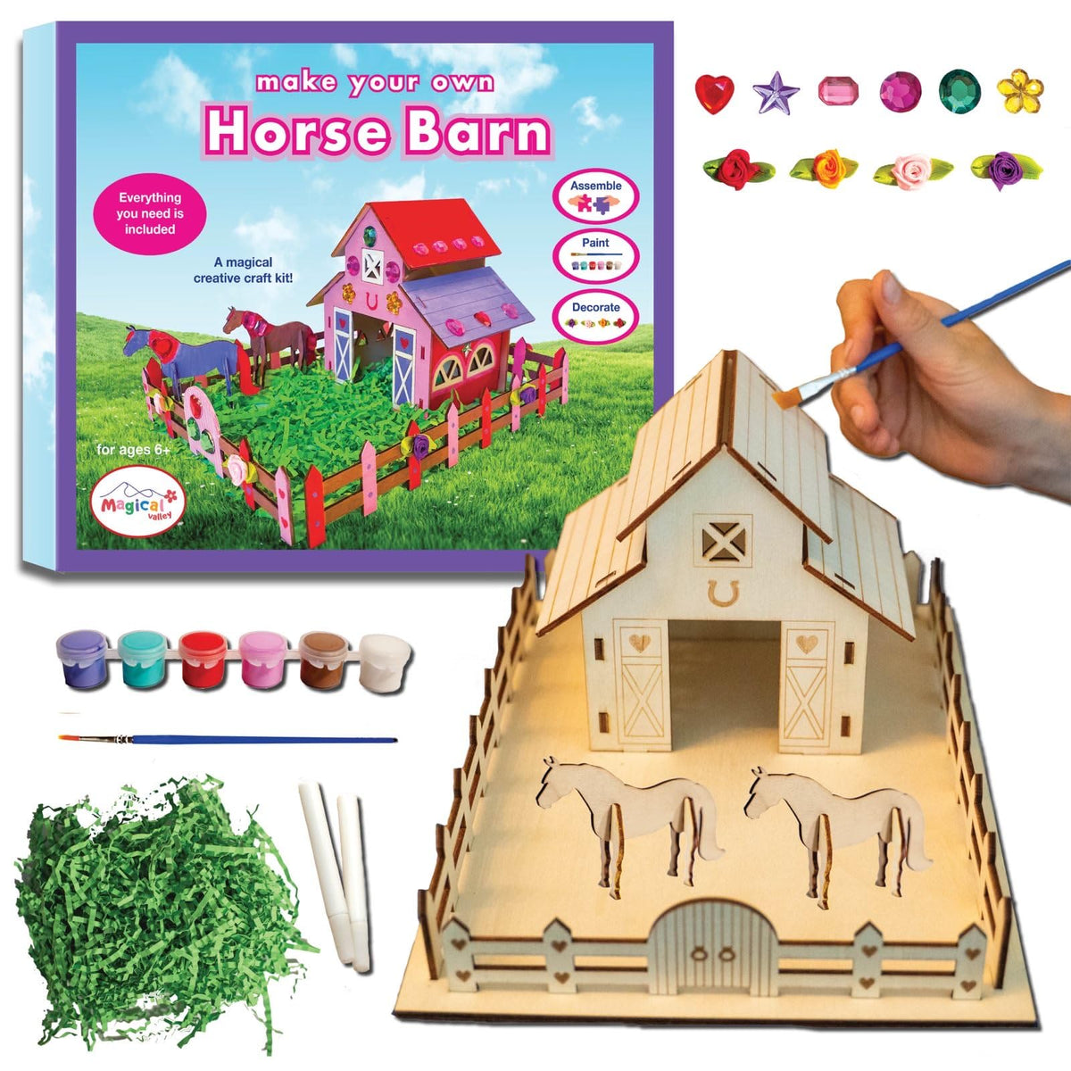 Magical Valley Horse Barn Kit assembly scene encourages imaginative play