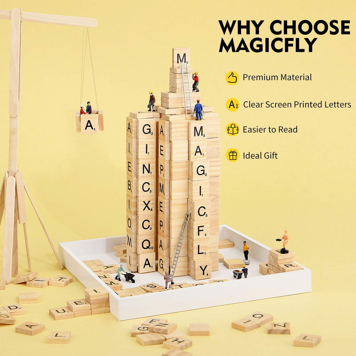 Magicfly wooden letter tiles set shown for crossword and education