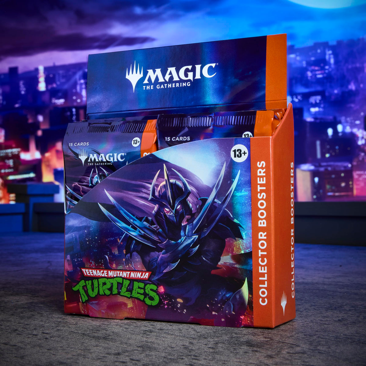 Magic: The Gathering TMNT collector booster box back view emphasizes contents and exclusive card potential.