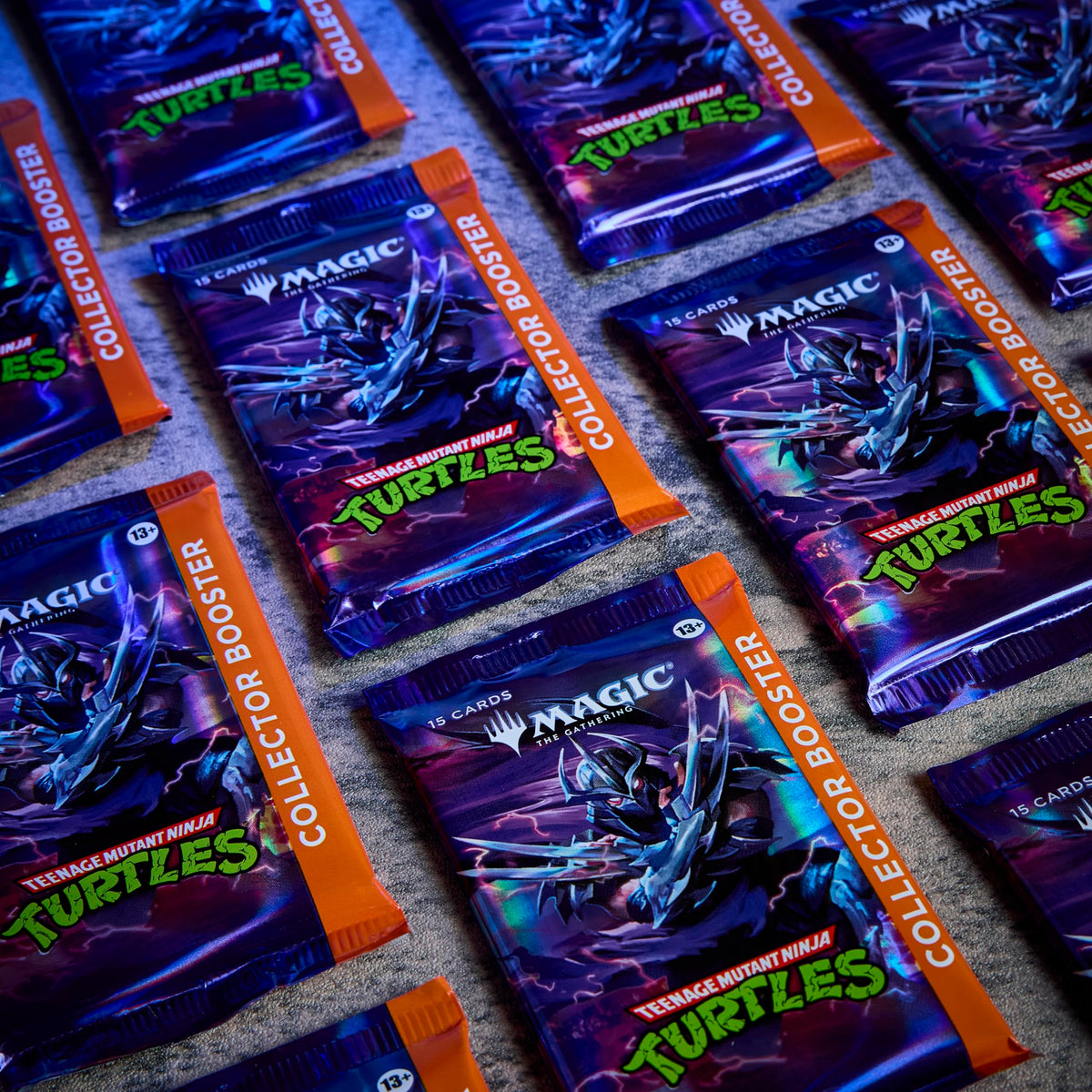 Magic: The Gathering TMNT pack layout picture highlights 15 cards per booster and high-foil options.