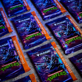 Magic: The Gathering TMNT pack layout picture highlights 15 cards per booster and high-foil options.