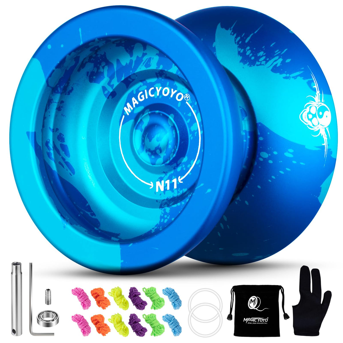MAGICYOYO N11 Pro metal unresponsive yoyo blue splash front view ideal for advanced trick practice.