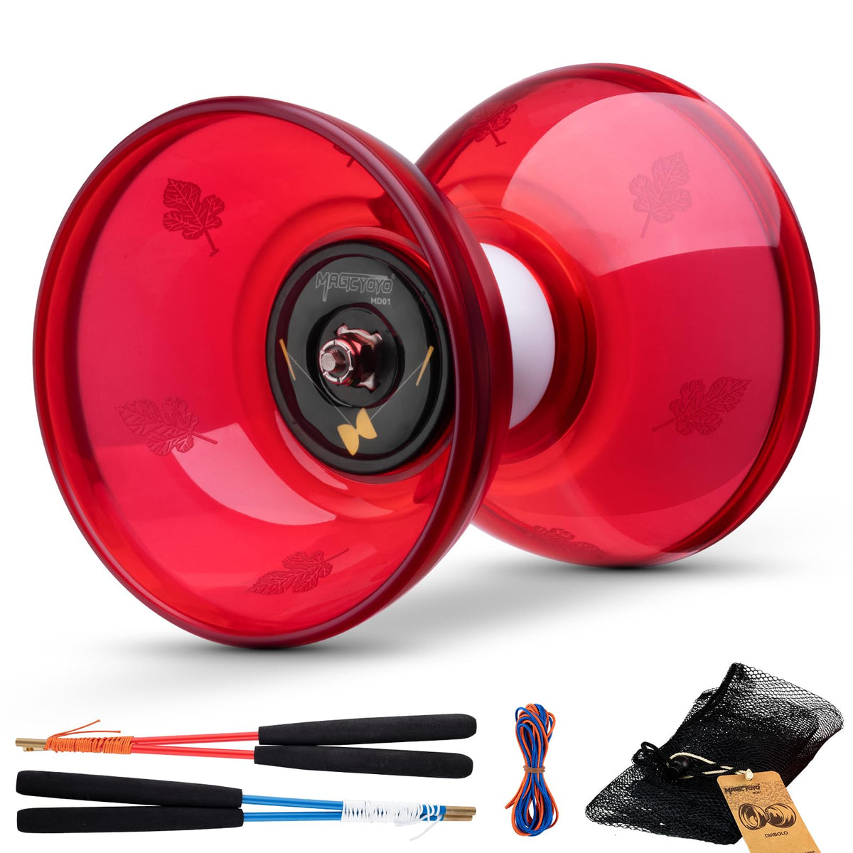 MAGICYOYO Pro triple-bearing diabolo in red, front angle, showcasing long spin potential.