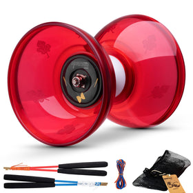MAGICYOYO Pro triple-bearing diabolo in red, front angle, showcasing long spin potential.
