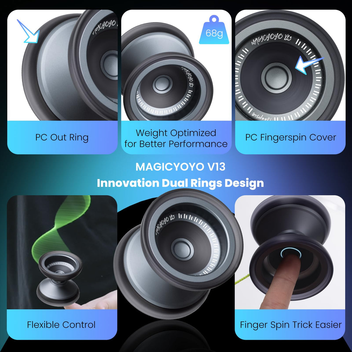 MAGICYOYO V13 Deepspin side view highlights durable aluminum body with PC rings.