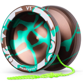 MAGICYOYO V3 brown-green metal yoyo close-up showing durable aluminum for long spins.