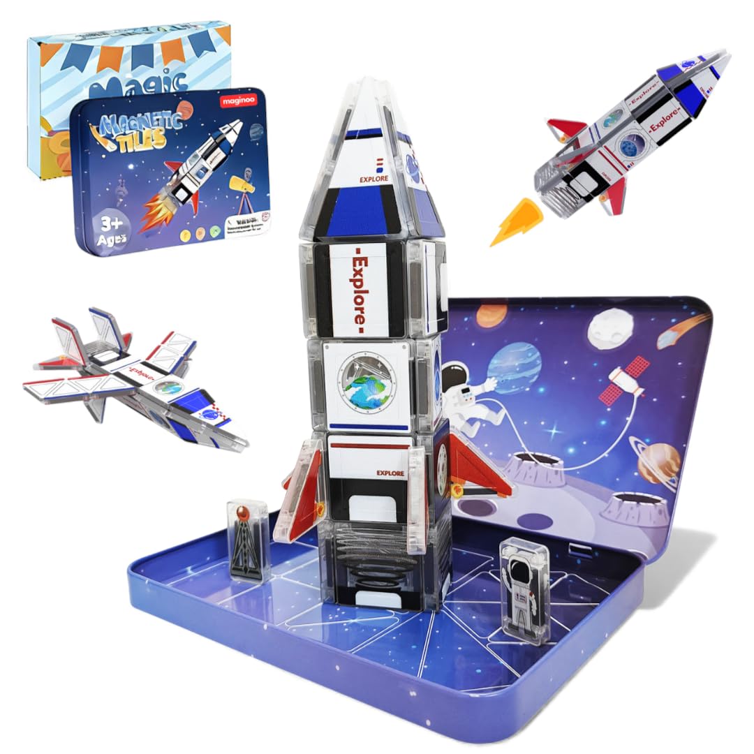 Maginoo 42PCS mini magnetic tiles rocket set for imaginative space play on the go