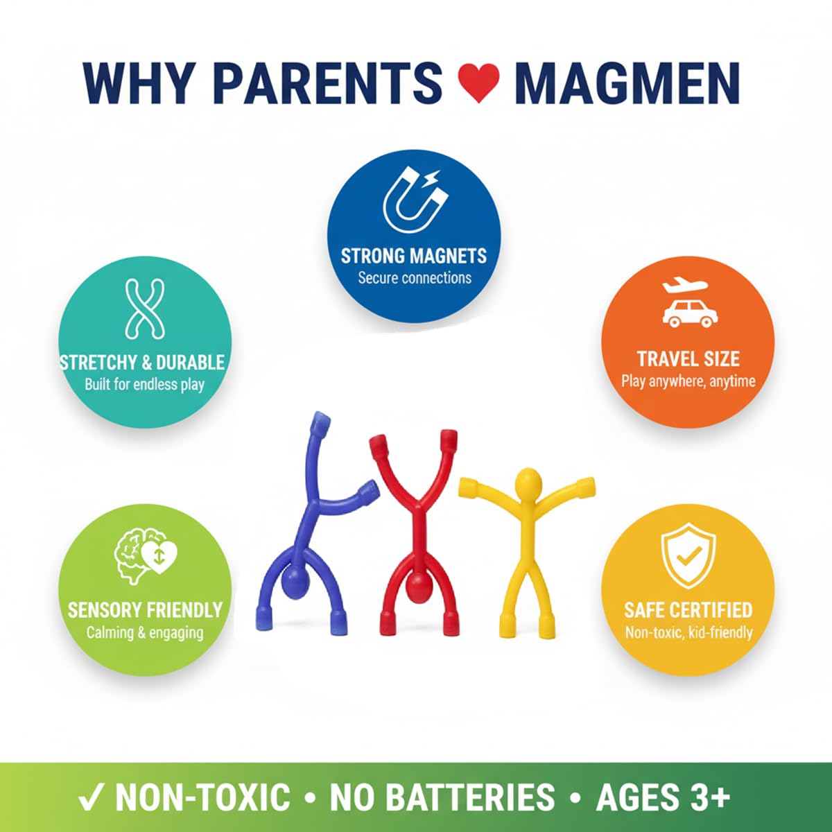 MAGMEN BPA-free magnets encased in durable plastic for safe play.