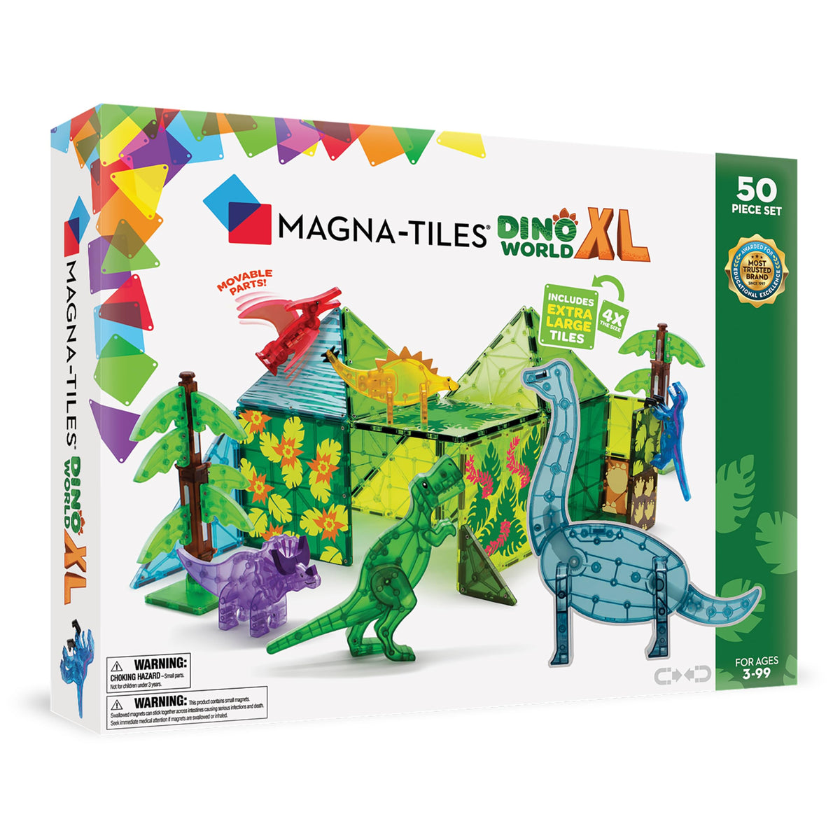 MAGNA-TILES Dino World XL tiles offer durable, colorful building surfaces for imaginative prehistoric cityscapes