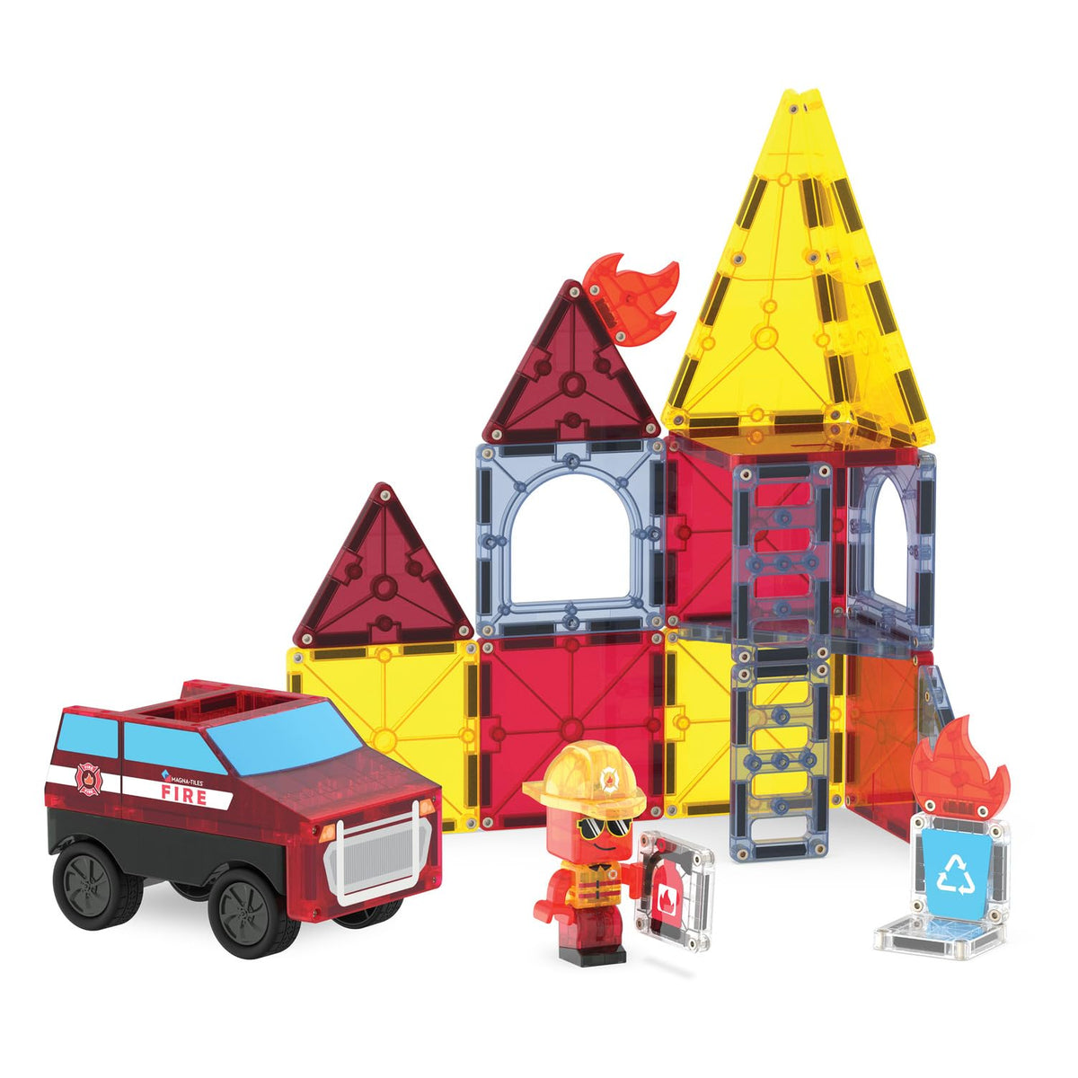 MAGNA-TILES fire tiles knock-down targets enhance interactive firefighting play.