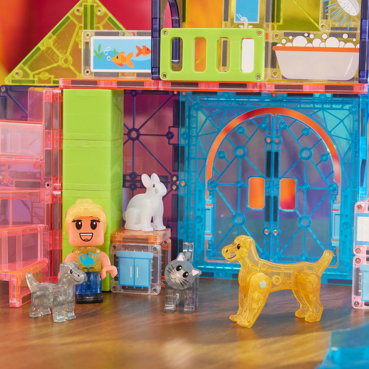 MAGNA-TILES Pet Playhouse slide piece in motion for dynamic play